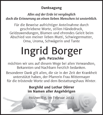 Traueranzeige von Ingrid Borger von Trauerkombi Bitterfeld