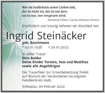 Traueranzeige von Ingrid Steinäcker von Trauerkombi Merseburg