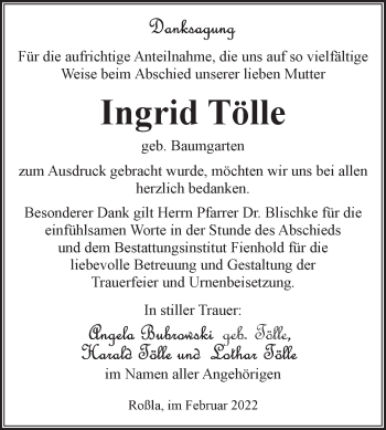 Traueranzeige von Ingrid Tölle von Mitteldeutsche Zeitung Sangerhausen