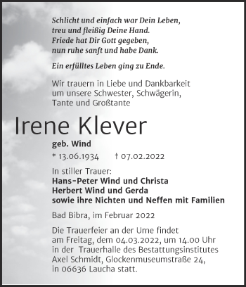Traueranzeige von Irene Klever von Wochenspiegel Naumburg/Nebra