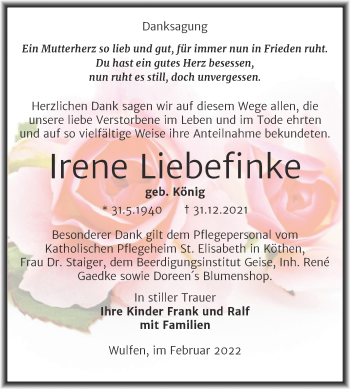 Traueranzeige von Irene Liebefinke von Trauerkombi Köthen