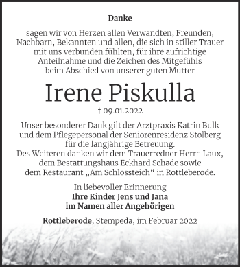 Traueranzeige von Irene Piskulla von Mitteldeutsche Zeitung Sangerhausen