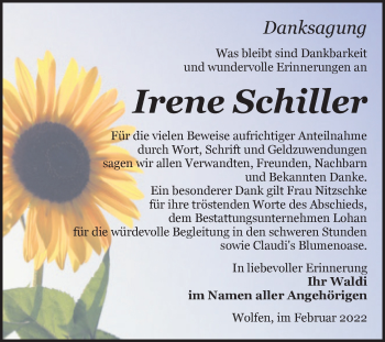 Traueranzeige von Irene Schiller von Trauerkombi Bitterfeld