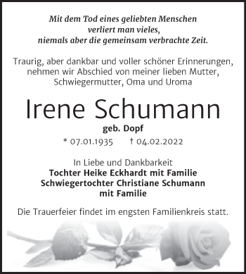 Traueranzeige von Irene Schumann von Trauerkombi Bernburg