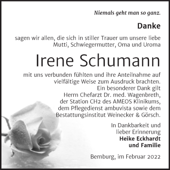 Traueranzeige von Irene Schumann von Trauerkombi Bernburg