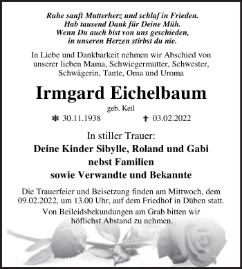 Traueranzeige von Irmgard Eichelbaum von Mitteldeutsche Zeitung