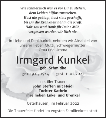 Traueranzeige von Irmgard Kunkel von Trauerkombi Mansfelder Land