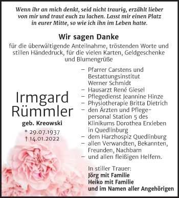 Traueranzeige von Irmgard Rümmler von Trauerkombi Quedlinburg