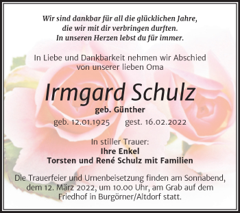Traueranzeige von Irmgard Schulz von Trauerkombi Mansfelder Land