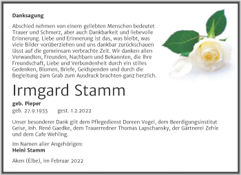 Traueranzeige von Irmgard Stamm von Trauerkombi Köthen