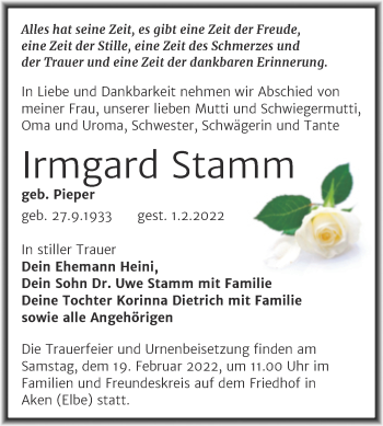 Traueranzeige von Irmgard Stamm von Trauerkombi Köthen