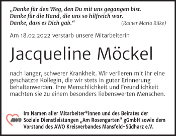 Traueranzeige von Jacqueline Möckel von Super Sonntag Sangerhausen