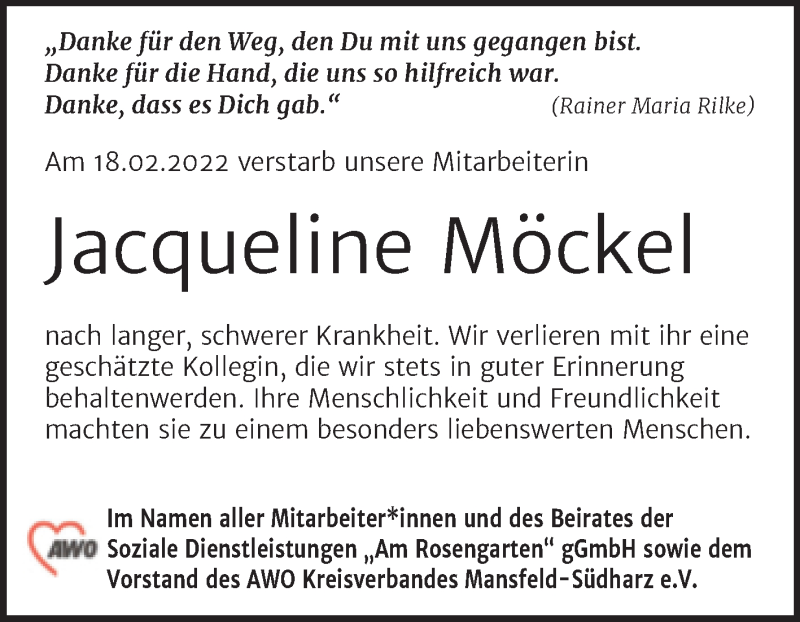  Traueranzeige für Jacqueline Möckel vom 26.02.2022 aus Super Sonntag Sangerhausen