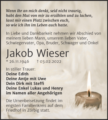 Traueranzeige von Jakob Wieser von Trauerkombi Bitterfeld