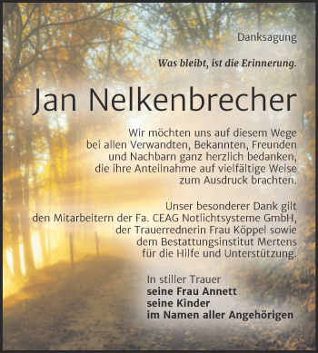 Traueranzeige von Jan Nelkenbrecher von Wochenspiegel Naumburg/Nebra