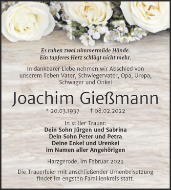 Traueranzeige von Joachim Gießmann von Trauerkombi Quedlinburg