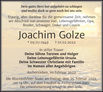 Traueranzeige von Joachim Golze von Trauerkombi Aschersleben