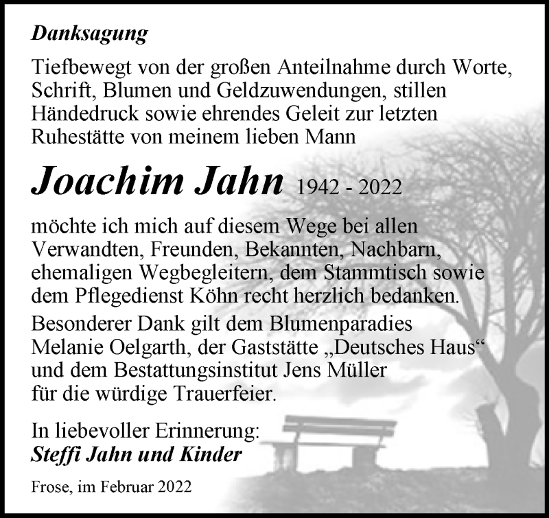  Traueranzeige für Joachim Jahn vom 12.02.2022 aus Trauerkombi Aschersleben