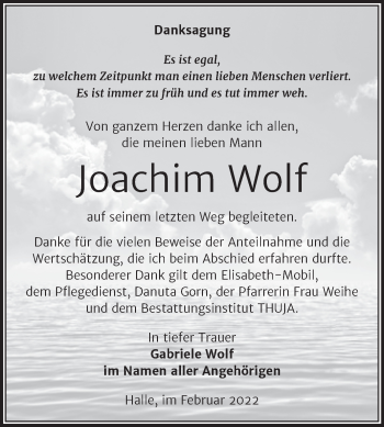 Traueranzeige von Joachim Wolf von Mitteldeutsche Zeitung Halle/Saalkreis