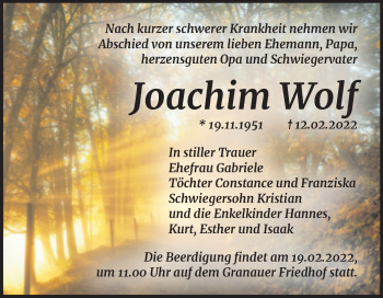 Traueranzeige von Joachim Wolf von Mitteldeutsche Zeitung Halle/Saalkreis