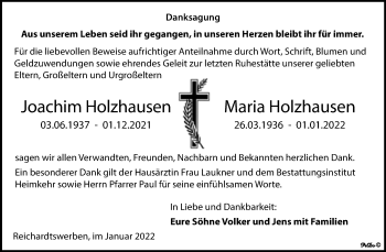 Traueranzeige von Joachim und Maria Holzhausen von Trauerkombi Weißenfels