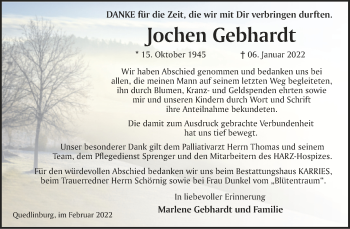 Traueranzeige von Jochen Gebhardt von Trauerkombi Quedlinburg