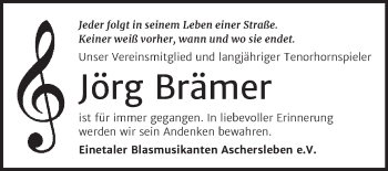 Traueranzeige von Jörg Brämer von Trauerkombi Aschersleben