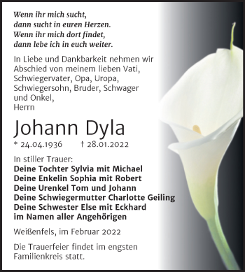 Traueranzeige von Johann Dyla von Trauerkombi Weißenfels