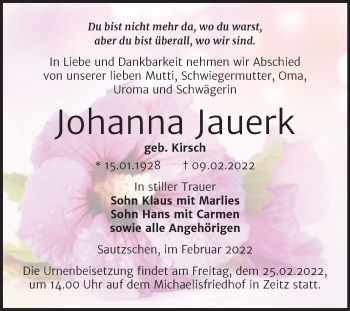 Traueranzeige von Johanna Jauerk von Trauerkombi Zeitz