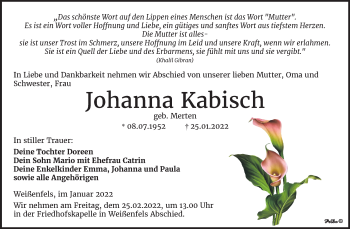 Traueranzeige von Johanna Kabisch von Trauerkombi Weißenfels