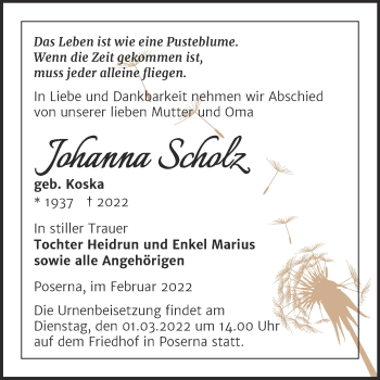 Traueranzeige von Johanna Scholz von Trauerkombi Weißenfels