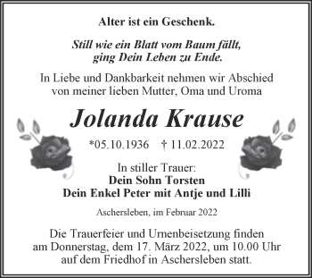 Traueranzeige von Jolanda Krause von Trauerkombi Aschersleben