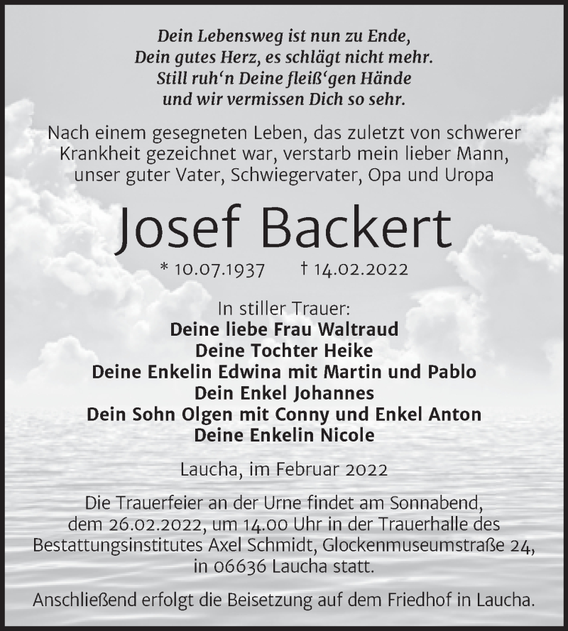  Traueranzeige für Josef Backert vom 19.02.2022 aus Naumburger Tageblatt
