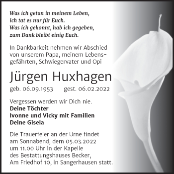 Traueranzeige von Jürgen Huxhagen von Trauerkombi Sangerhausen