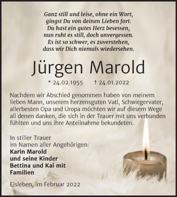 Traueranzeige von Jürgen Marold von Trauerkombi Mansfelder Land