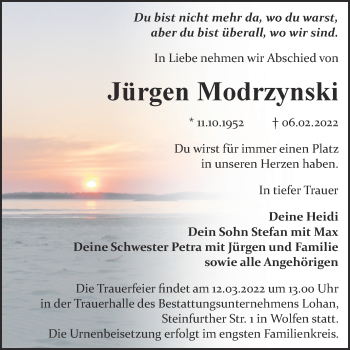 Traueranzeige von Jürgen Modrzynski von Trauerkombi Bitterfeld
