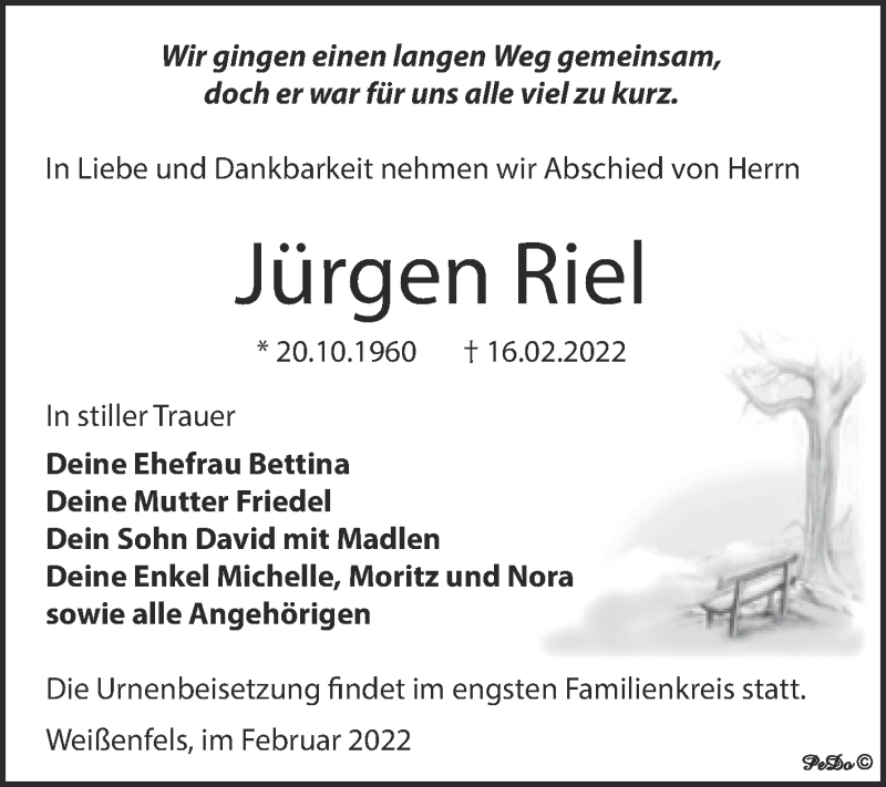  Traueranzeige für Jürgen Riel vom 19.02.2022 aus Trauerkombi Weißenfels