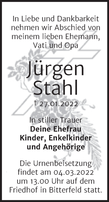 Traueranzeige von Jürgen Stahl von Trauerkombi Bitterfeld