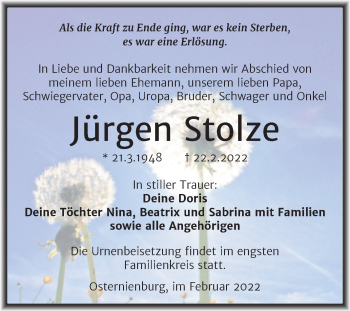 Traueranzeige von Jürgen Stolze von Trauerkombi Köthen