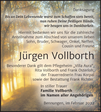 Traueranzeige von Jürgen Vollborth von Trauerkombi Sangerhausen