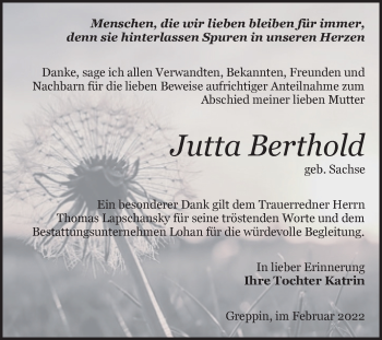Traueranzeige von Jutta Berthold von Trauerkombi Bitterfeld