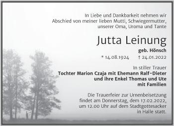 Traueranzeige von Jutta Leinung von Trauerkombi Merseburg
