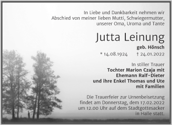 Traueranzeige von Jutta Leinung von Mitteldeutsche Zeitung Halle/Saalkreis