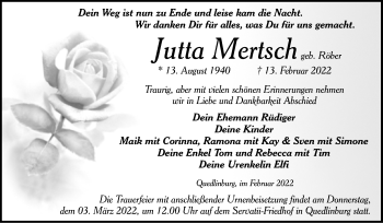 Traueranzeige von Jutta Mertsch von Trauerkombi Quedlinburg