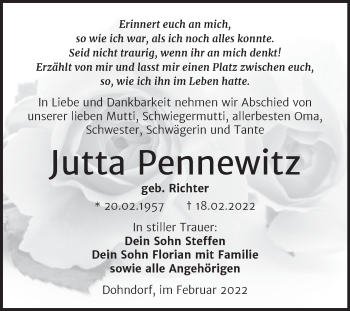 Traueranzeige von Jutta Pennewitz von Trauerkombi Köthen