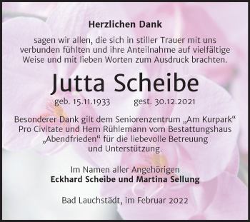 Traueranzeige von Jutta Scheibe von Trauerkombi Merseburg