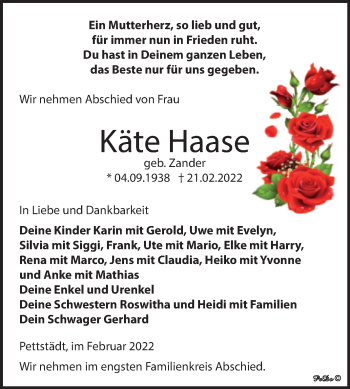 Traueranzeige von Käte Haase von Trauerkombi Weißenfels