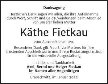 Traueranzeige von Käthe Fietkau von Wochenspiegel Naumburg/Nebra
