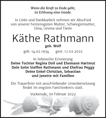 Traueranzeige von Käthe Rathmann von Trauerkombi Wittenberg