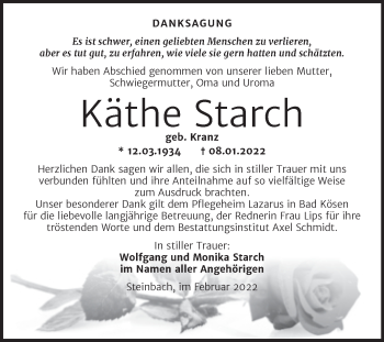 Traueranzeige von Käthe Starch von Wochenspiegel Naumburg/Nebra